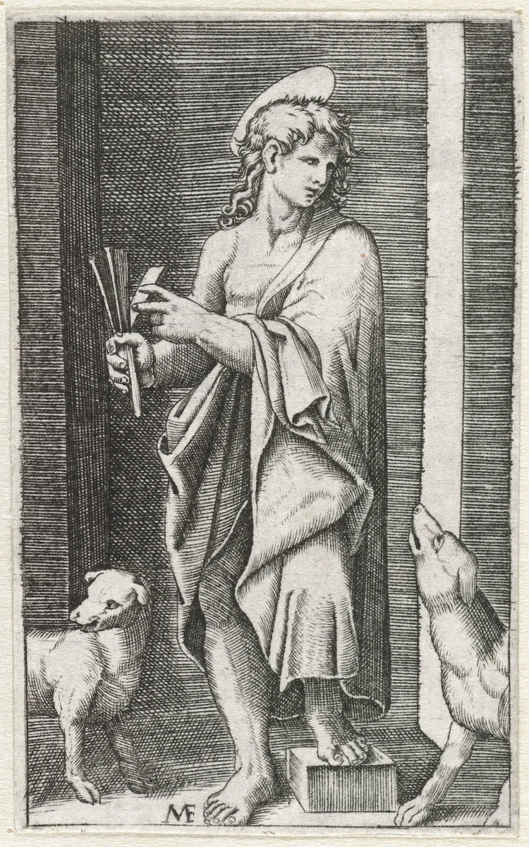 Heilige Lazarus met ratel en twee honden by anonymous, print, 1500-1575