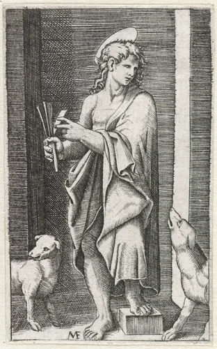 Heilige Lazarus met ratel en twee honden by anonymous, print, 1500-1575