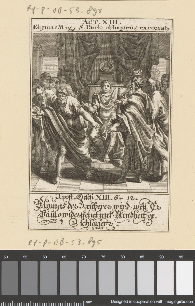 Tovenaar Elymas door apostel Paulus met blindheid getroffen by anonymous, print, 1697