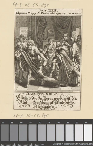 Tovenaar Elymas door apostel Paulus met blindheid getroffen by anonymous, print, 1697