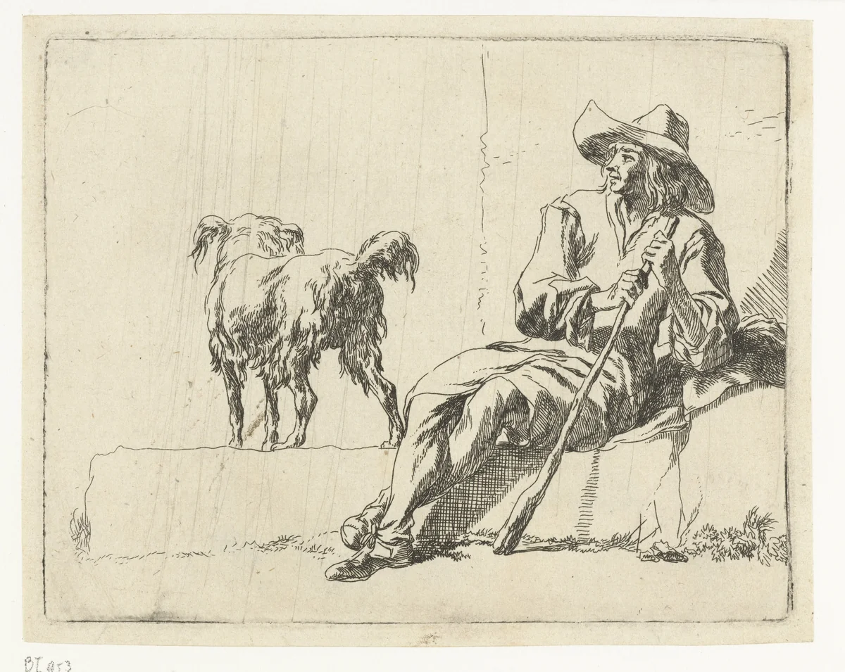 Zittende herder met zijn hond by Nicolaes Pietersz Berchem, print, 1648-1652