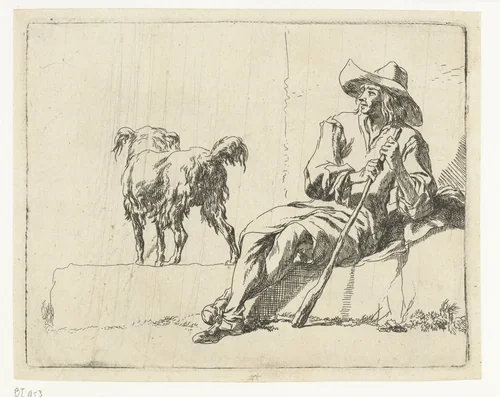 Zittende herder met zijn hond by Nicolaes Pietersz Berchem, print, 1648-1652