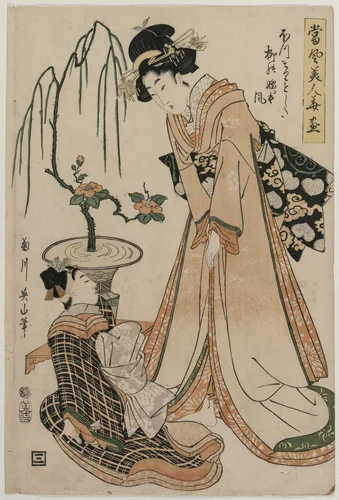 A Lady-in-Waiting with Waist as Slender as a Willow from the series Flowers and Modern Beauties by Kikukawa Eizan, print, 1807