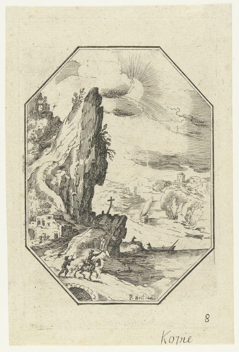 Landschap met ruiter in octagonaal kader by anonymous, print, 1582-1700