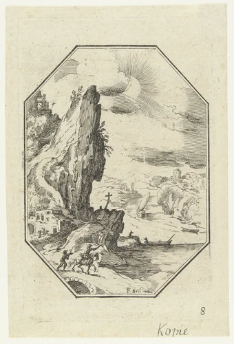 Landschap met ruiter in octagonaal kader by anonymous, print, 1582-1700