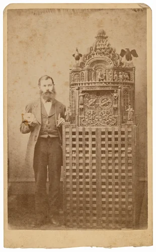 Charles Ketterer with his Apostolic Clock by Sedgwick S. Hull, photograph, 1865-1875