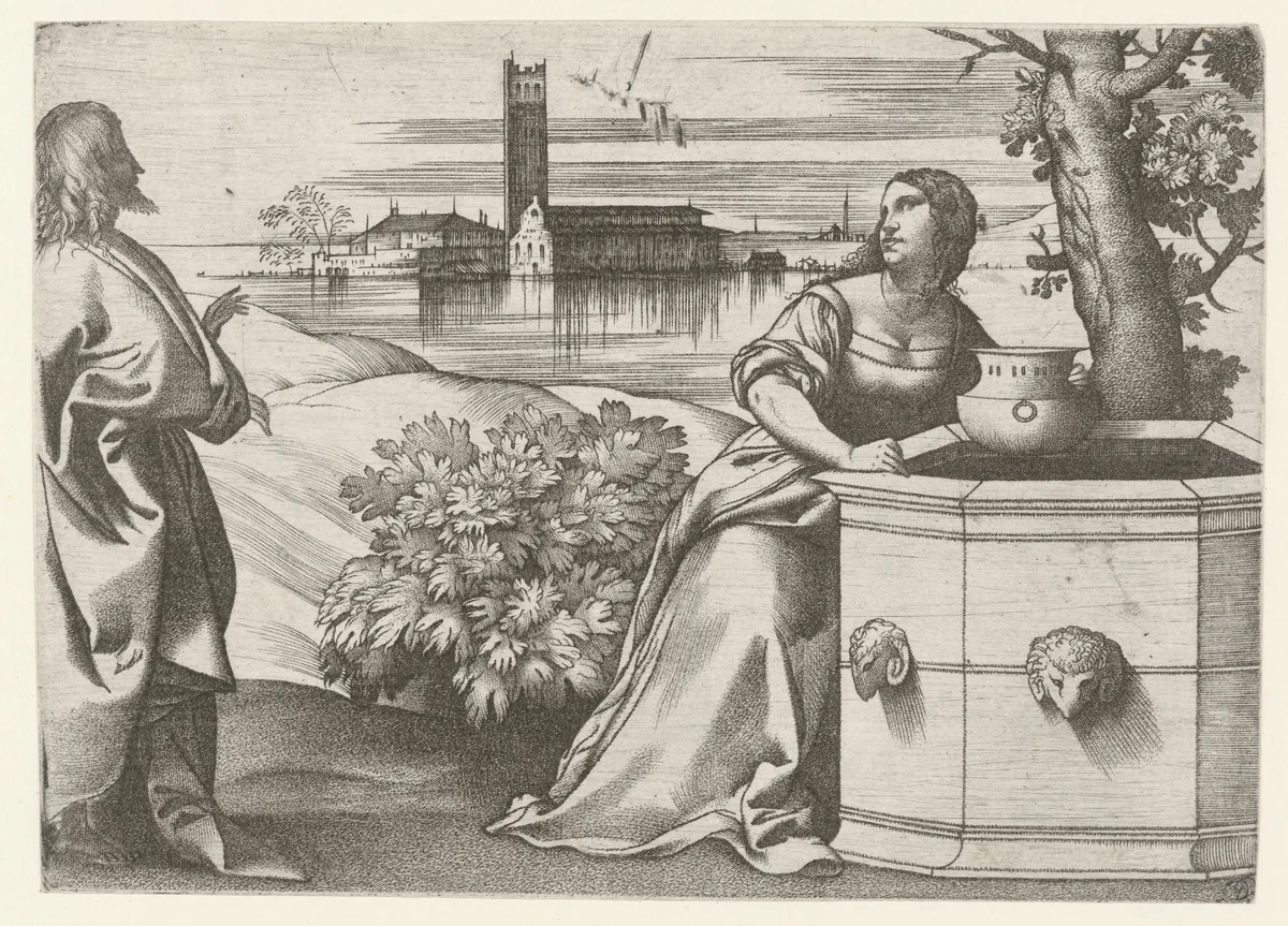 Christus in gesprek met Samaritaanse vrouw bij bron by Giulio Campagnola, print, 1510-1512