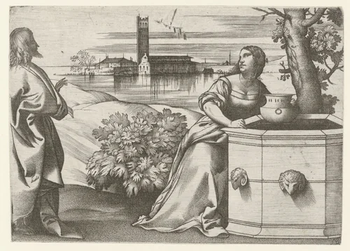 Christus in gesprek met Samaritaanse vrouw bij bron by Giulio Campagnola, print, 1510-1512