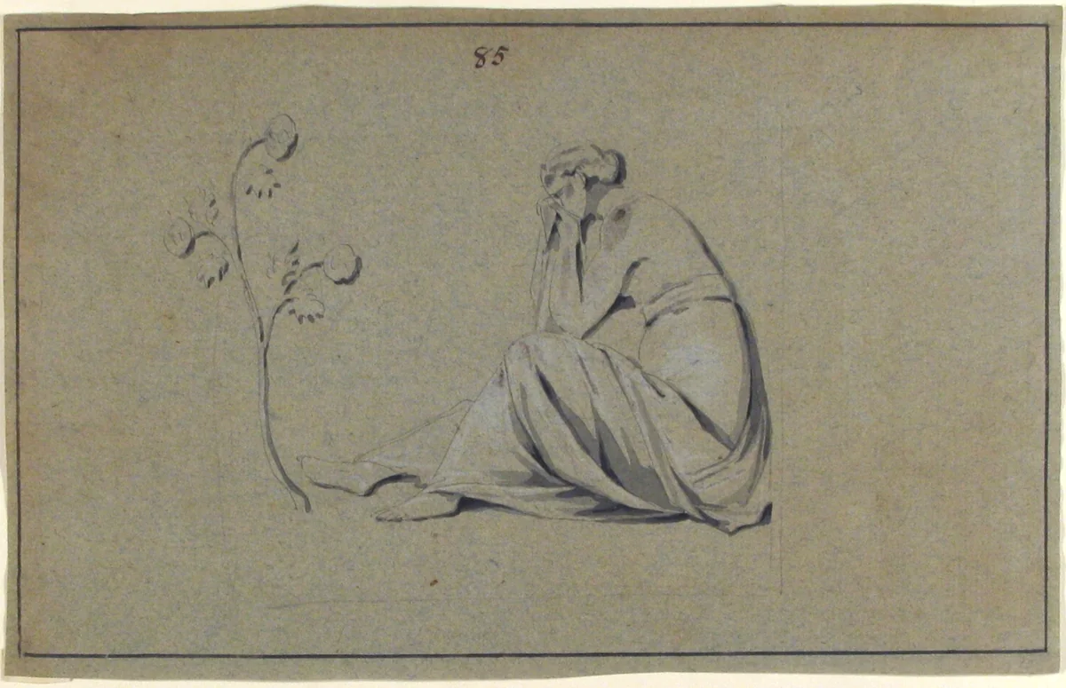 Seated Woman Weeping in front of Flowers by anonymous, drawing, 1700-1799