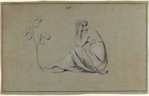 Seated Woman Weeping in front of Flowers by anonymous, drawing, 1700-1799