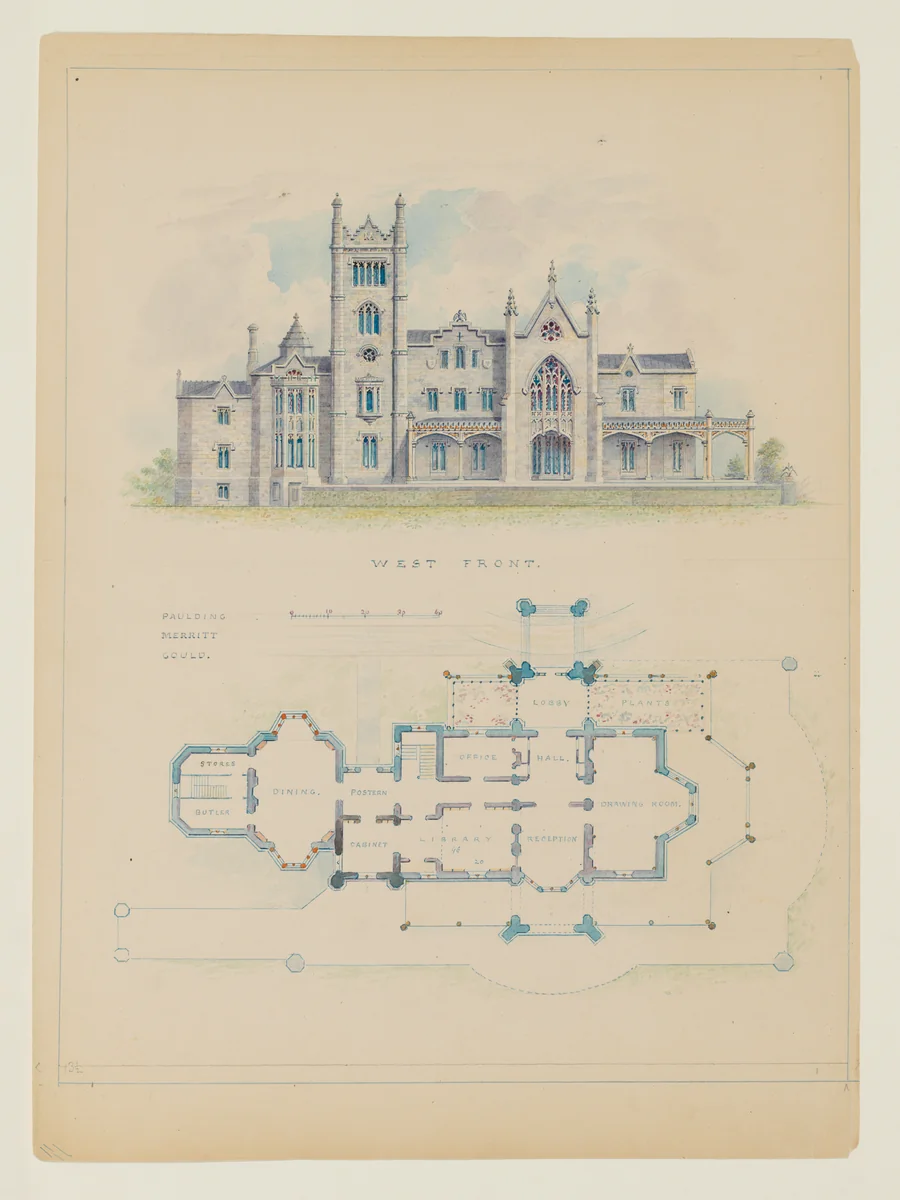 Floorplan and Elevation of the West Front of Lyndhurst, also known as Knoll (Tarrytown) by Alexander Jackson Davis, drawing, 1875-1885