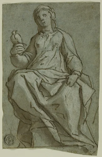 Seated Female Figure (Saint Scholastica?) Holding a Dove by Lazzaro Tavarone, drawing, 1576-1661