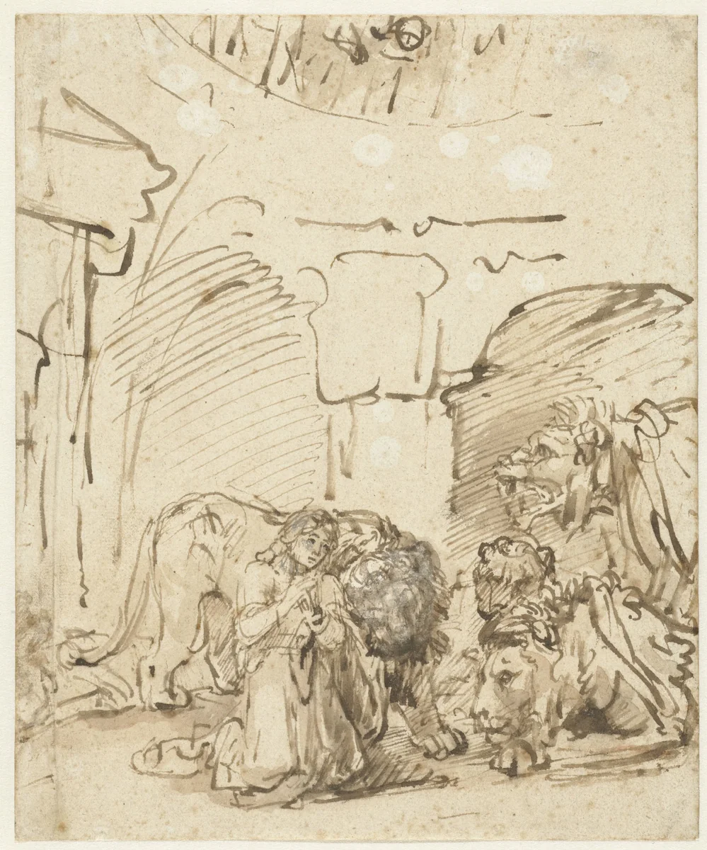 Daniel in the Lions’ Den by Rembrandt van Rijn, drawing, 1650