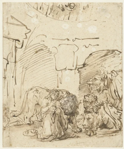 Daniel in the Lions’ Den by Rembrandt van Rijn, drawing, 1650