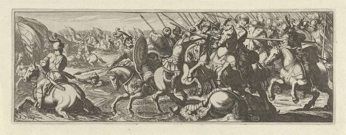Veldslag bij een rivier by Simon Frisius, print, 1595-1628