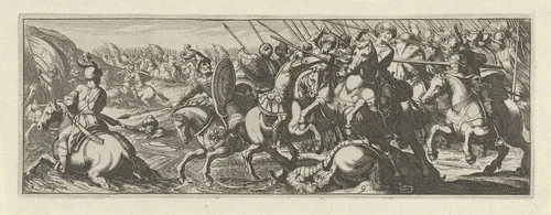 Veldslag bij een rivier by Simon Frisius, print, 1595-1628
