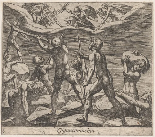 Plate 6: The Giants Attempting to Storm Olympus (Gigantomachia), from Ovid's 'Metamorphoses' by Antonio Tempesta, print, 1606