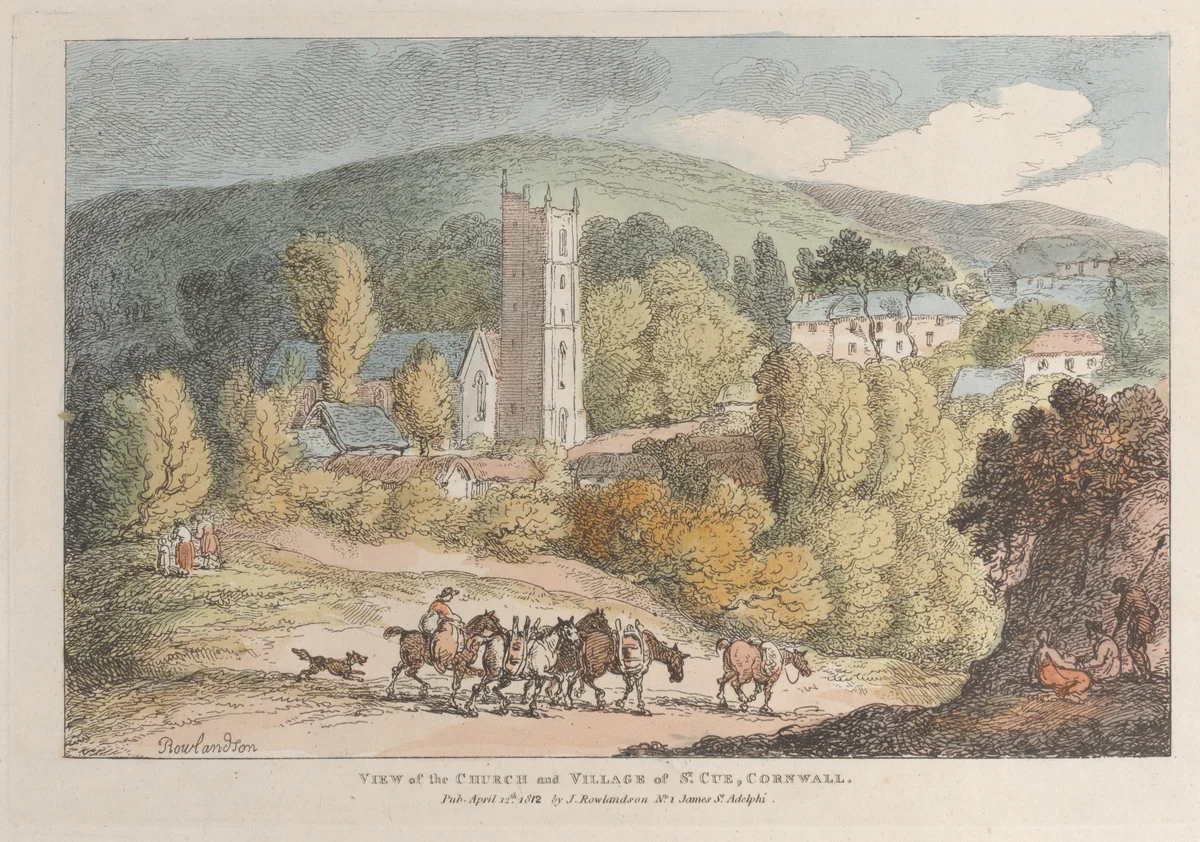 View of the Church and Village of St. Cue, Cornwall by Thomas Rowlandson, print, 1812