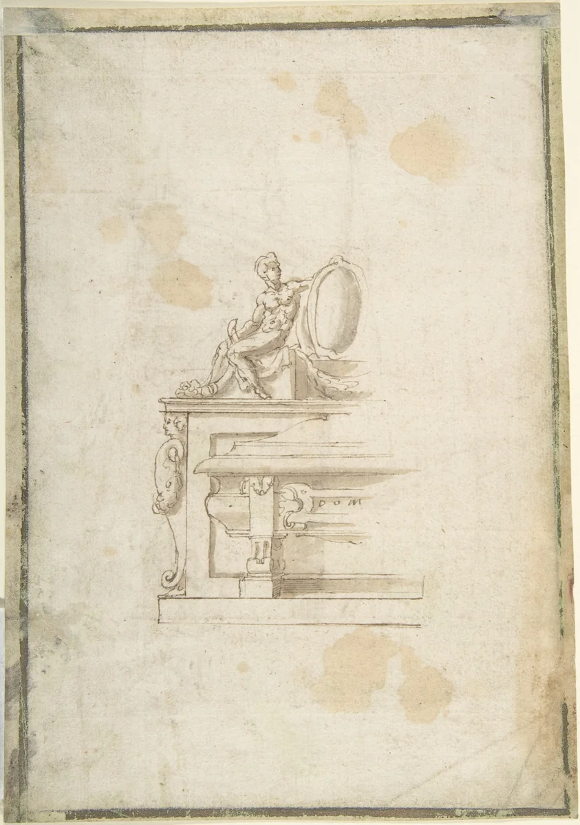 Partial Design for a Tomb with a Seated Male Figure Holding a Shield (recto); Partial Design for a Tomb with a Seated Male Figure, Putti and an Obelisk (verso) by anonymous, drawing, 1500-1600