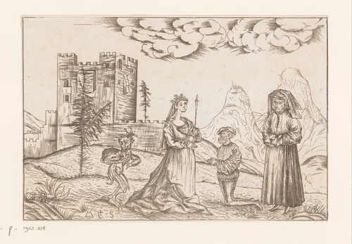 Drie personen en een duivel in een landschap voor een kasteel by anonymous, print, 1853-1952