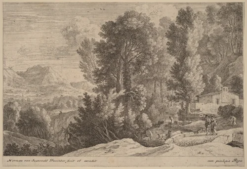 Landscape with Laundresses by Herman van Swanevelt, print, 1600-1655