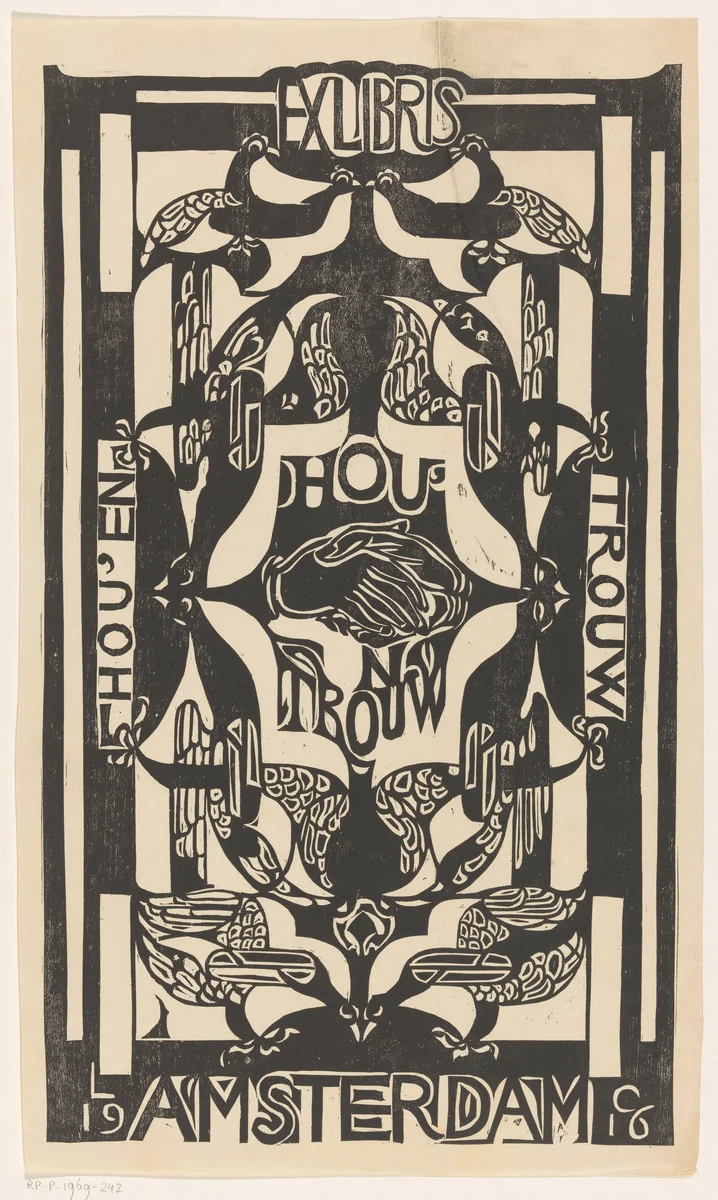 Ex libris van de vereniging Hou'en Trouw by Carel Adolph Lion Cachet, print, 1916
