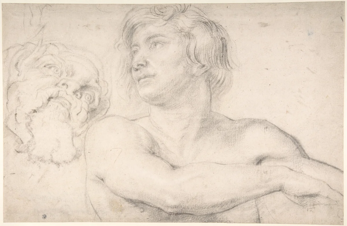 Half-Figure of a Nude Man Facing Left, Head of a Satyr by Peter Paul Rubens, drawing, 1590-1640
