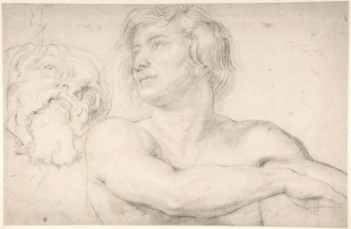 Half-Figure of a Nude Man Facing Left, Head of a Satyr by Peter Paul Rubens, drawing, 1590-1640