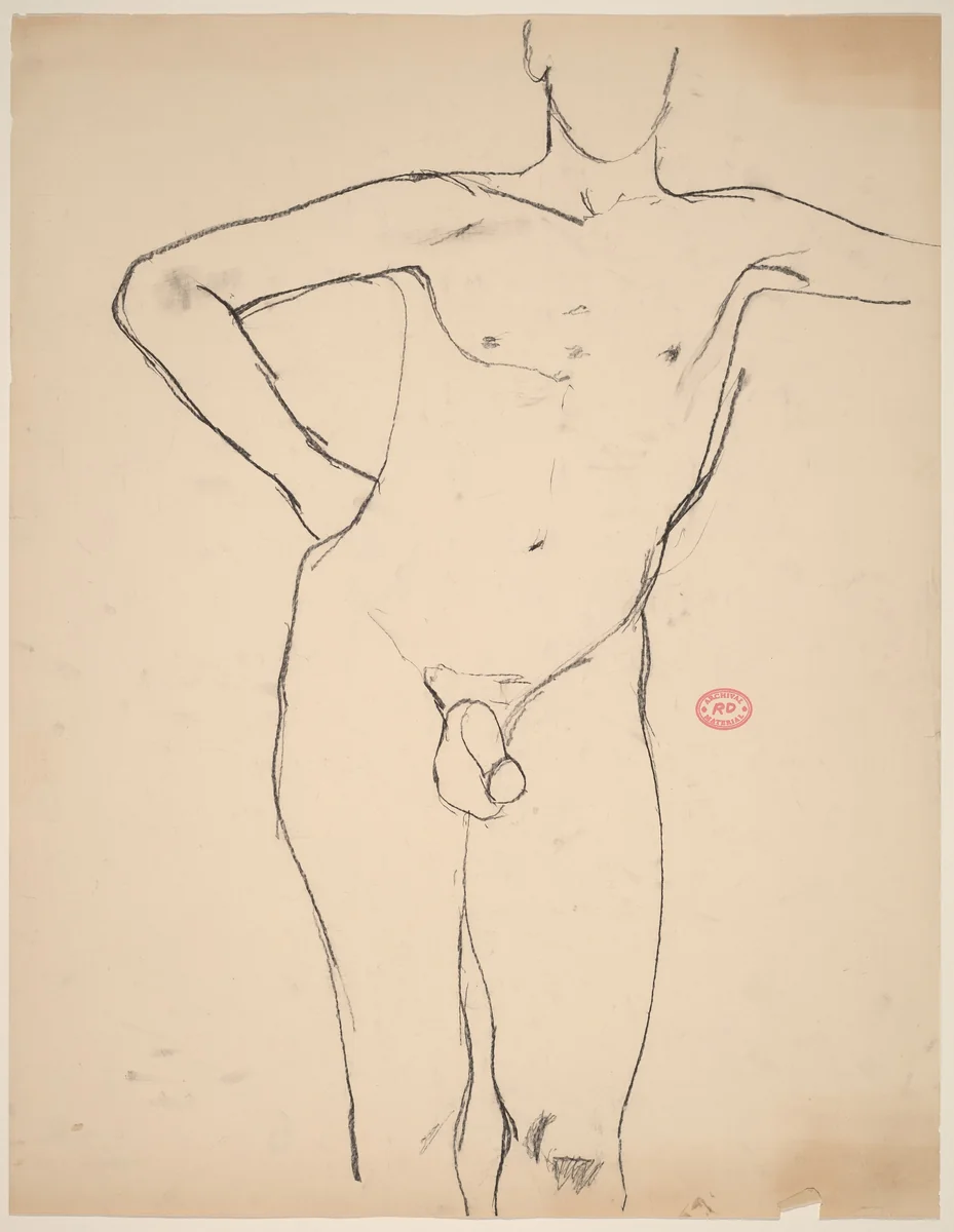 Untitled [standing nude with his right arm akimbo] by Richard Diebenkorn, drawing, 1955-1967