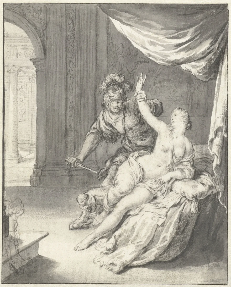 Tarquinius bedreigt Lucretia by Willem van Mieris, drawing, 1672-1747