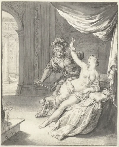 Tarquinius bedreigt Lucretia by Willem van Mieris, drawing, 1672-1747