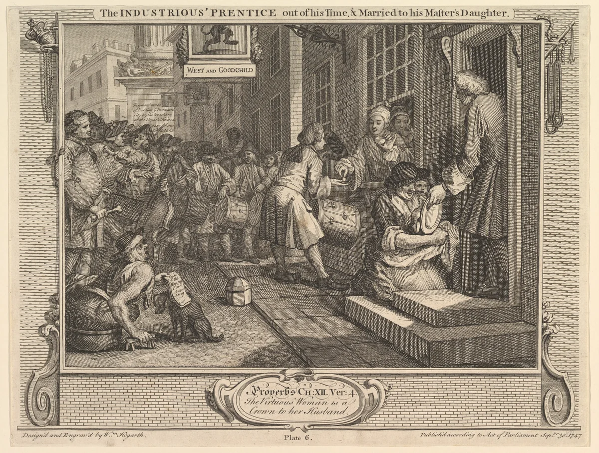 The Industrious 'Prentice Out of his Time and Married to his Master's Daughter: Industry and Idleness, plate 6 by William Hogarth, print, 1747