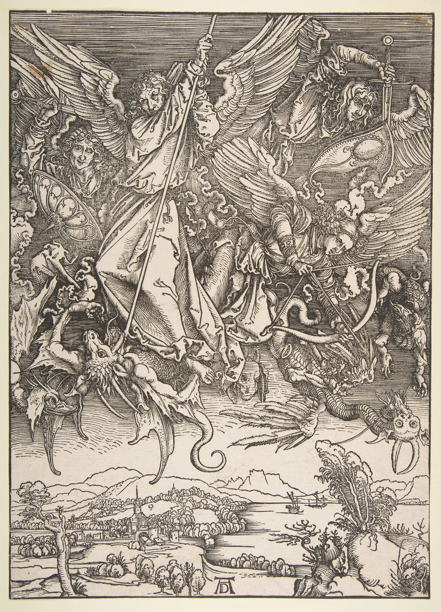 Saint Michael Fighting the Dragon, from "The Apocalypse" by Albrecht Dürer, print, 1485-1528