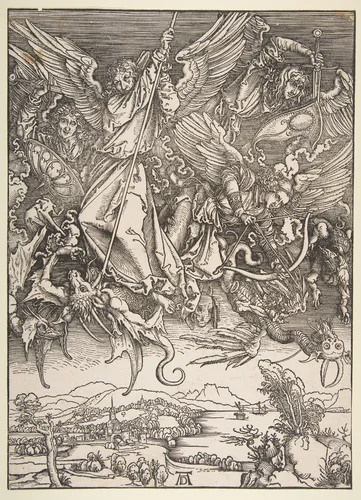 Saint Michael Fighting the Dragon, from "The Apocalypse" by Albrecht Dürer, print, 1485-1528