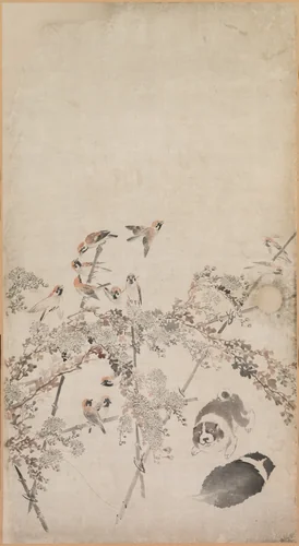 Puppies, Sparrows, and Chrysanthemums by Nagasawa Rosetsu (長澤蘆雪), painting, 1788-1799