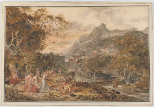 View of Vietri with Young Country Women Dancing for Shepherds in the Foreground by Joseph Anton Koch, drawing, 1800
