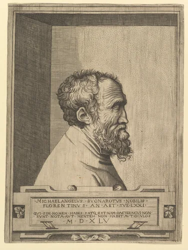 Portrait of Michelangelo in profile facing right set within a recess by Enea Vico, print, 1545