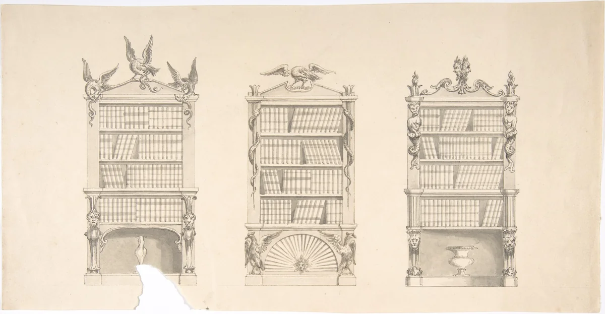 Design for Three Bookcabinets Two Adorned with Eagles and Snakes, the other with Masks, Flames and Grotesques by anonymous, drawing, 1800-1850