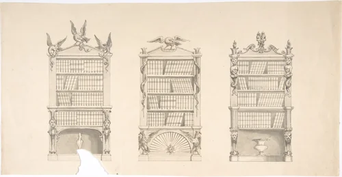 Design for Three Bookcabinets Two Adorned with Eagles and Snakes, the other with Masks, Flames and Grotesques by anonymous, drawing, 1800-1850