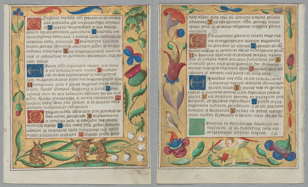 Leaf from a Psalter and Prayerbook: Rabbits Dancing (recto) and Putto Picking Strawberries (verso) by Unknown, manuscript, 1519-1529