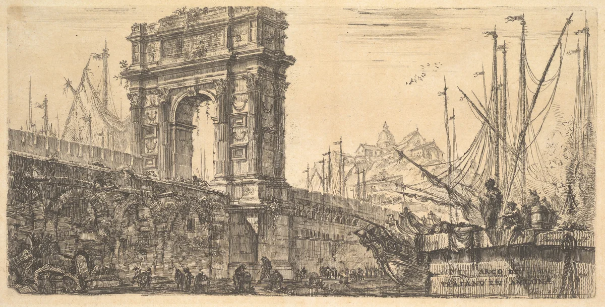 Plate 28: Arch of Trajan in Ancona (Arco di Trajano in Ancona), from "Alcune Vedute di Archi Trionfali ed altri monumenti inalzati da Romani parte di quali se veggono in Roma e parte per l'Italia" (Some Views of Triumphal Arches and other monuments erected by the Romans, some of which are in Rome and some elsewhere in Italy) by Giovanni Battista Piranesi, print, 1743-1753