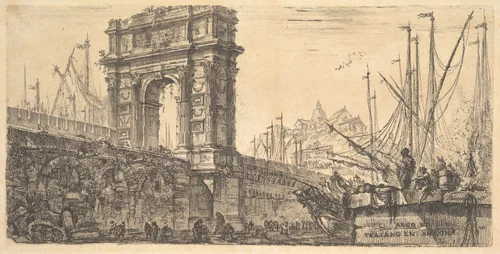 Plate 28: Arch of Trajan in Ancona (Arco di Trajano in Ancona), from "Alcune Vedute di Archi Trionfali ed altri monumenti inalzati da Romani parte di quali se veggono in Roma e parte per l'Italia" (Some Views of Triumphal Arches and other monuments erected by the Romans, some of which are in Rome and some elsewhere in Italy) by Giovanni Battista Piranesi, print, 1743-1753