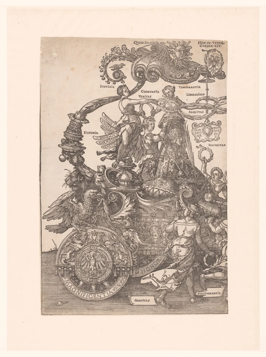 Triomfwagen van keizer Maximiliaan I by Hans Guldenmund, print, 1527-1529
