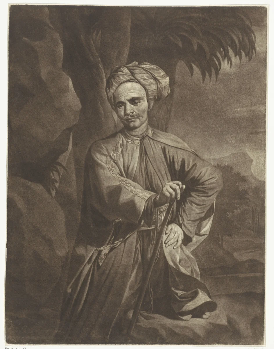Portret van een Oosterling met een tulband by Arnout Rentinck, print, 1722-1775