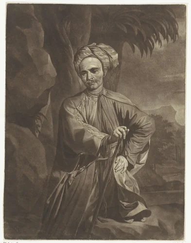 Portret van een Oosterling met een tulband by Arnout Rentinck, print, 1722-1775