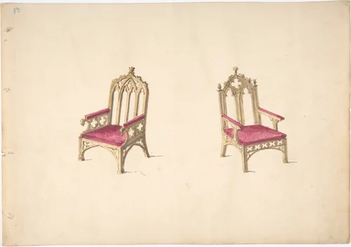 Design for Two Gothic Style Armchairs by anonymous, drawing, 1800-1850