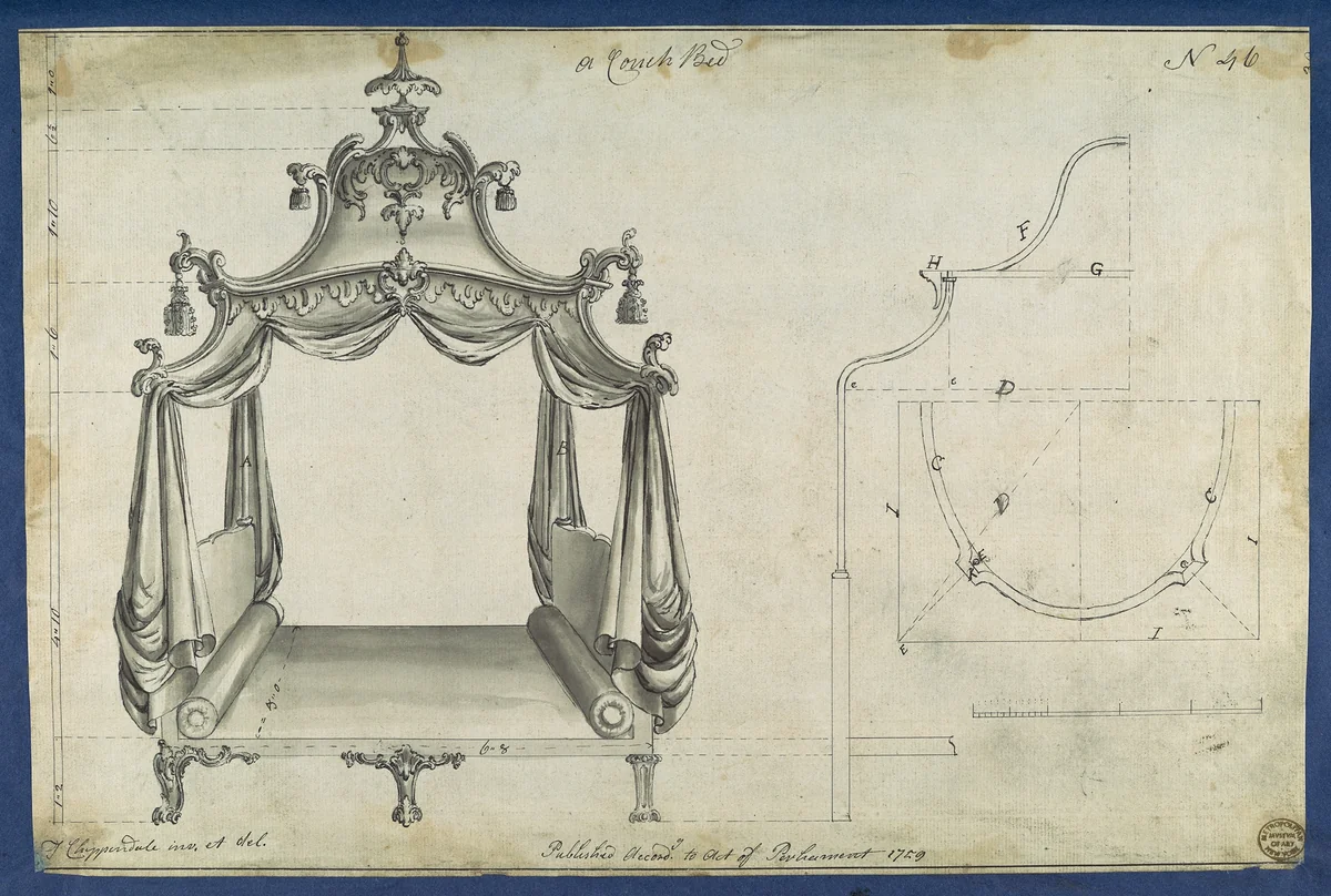 Couch Bed, in Chippendale Drawings, Vol. I by Thomas Chippendale, drawing, 1759