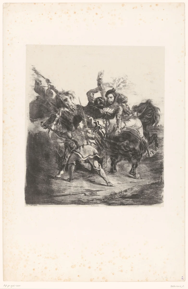 Weislingen wordt aangevallen door de mannen van Götz by Eugène Delacroix, print, 1836-1843