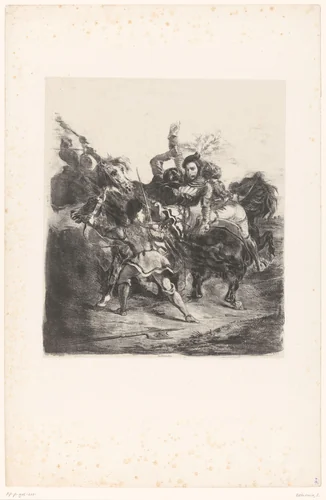 Weislingen wordt aangevallen door de mannen van Götz by Eugène Delacroix, print, 1836-1843
