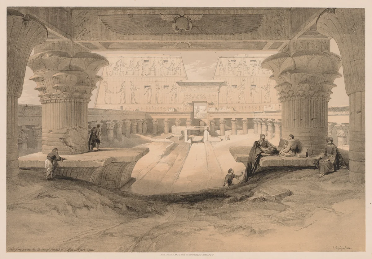 Egypt and Nubia: Volume I - No. 32, View from under the Portico of the Temple of Edfou, Upper Egypt by Louis Haghe, print, 1838